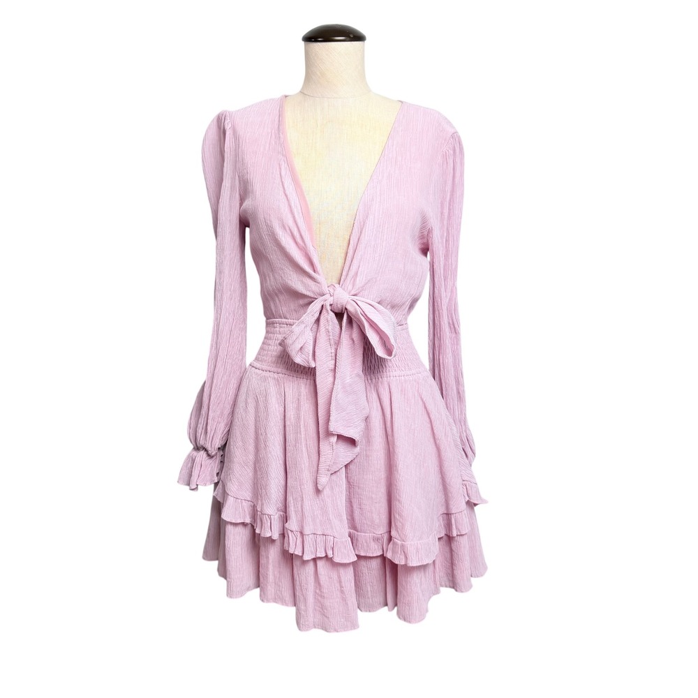 Saints + Secrets Pink Crinkle Ruffle Mini Dress Tie Front Smocked Waist Womens S